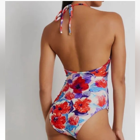 NWT PatBO Violet Plunge One piece Swimsuit Floral Print Halter Red Blue Medium - Picture 2 of 9